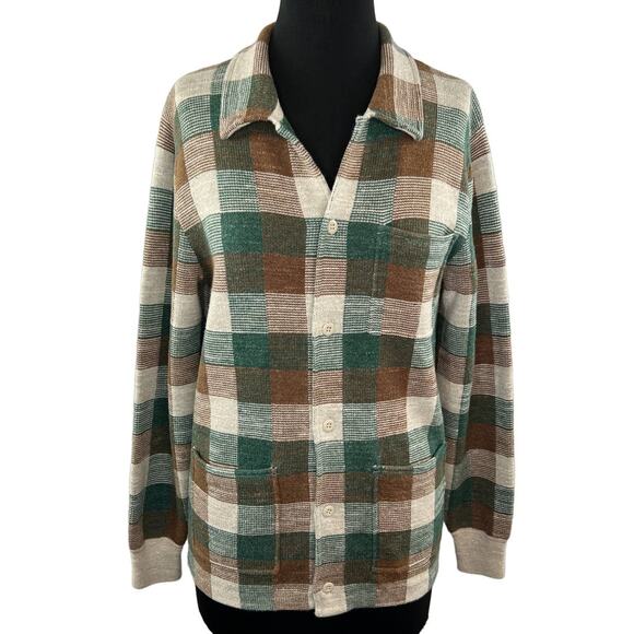 Knit for J.Crew Brown Green Wool Plaid Button-Up Sweater Shaket Collar BC594 XS - Picture 1 of 7